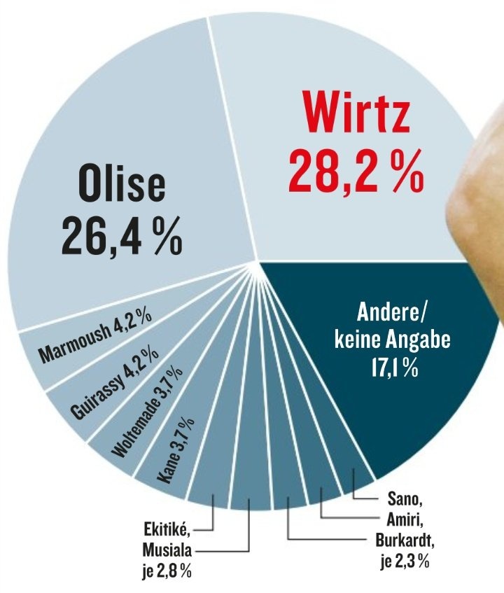 《踢球者》票選德甲賽季最佳球員：維爾茨28.2%，奧利塞第二