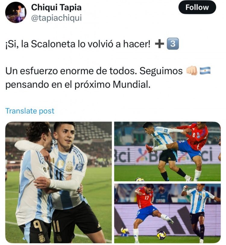 阿根廷足協(xié)主席社媒：斯卡洛尼帶隊(duì)再取一勝，得益于全隊(duì)共同努力