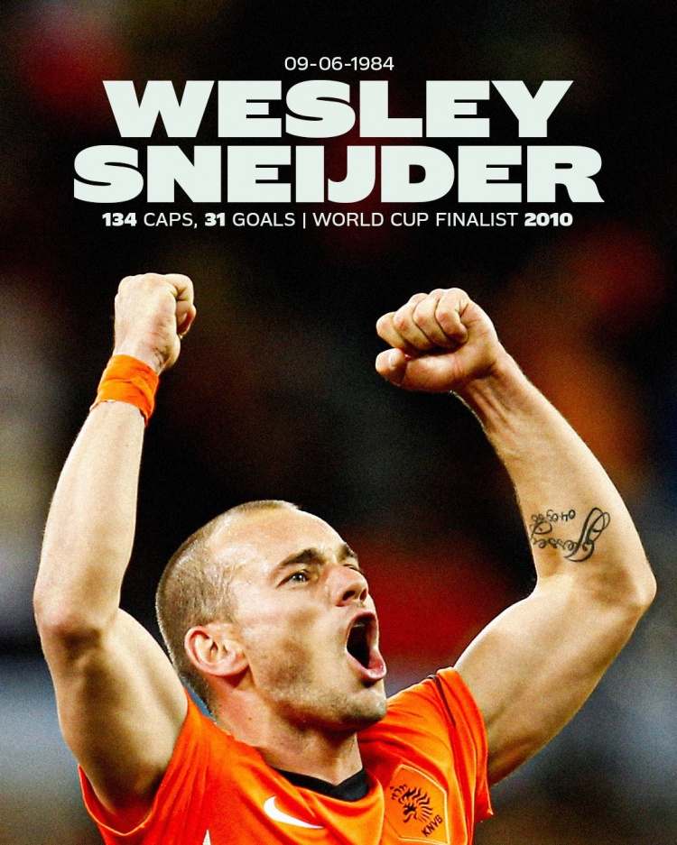 傳奇！荷蘭隊(duì)祝斯內(nèi)德41歲生日快樂，國家隊(duì)出戰(zhàn)134場31球32助