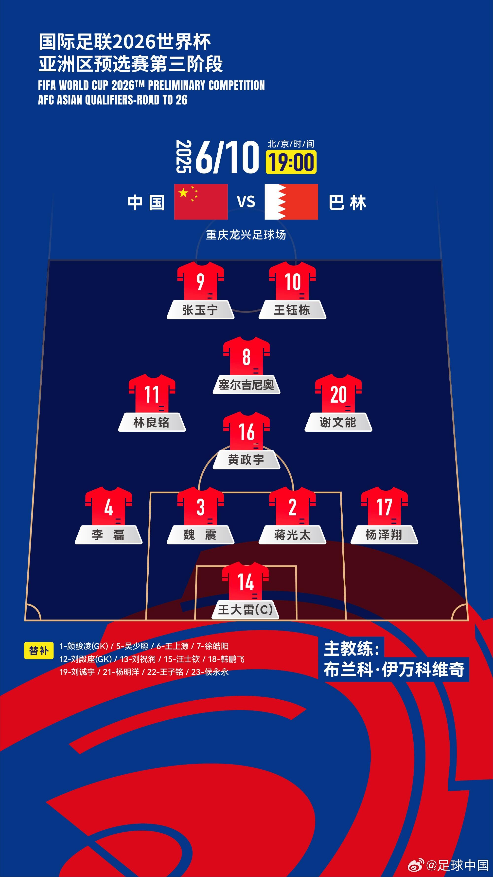國足首發(fā)陣型：442菱形中場！黃政宇單后腰 王鈺棟、張玉寧雙前鋒