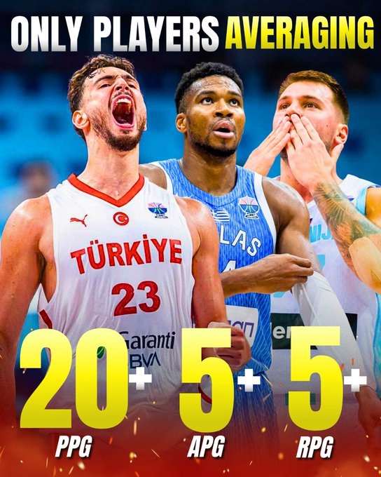 東契奇字母哥申京是本屆歐錦賽至今僅有的3位場(chǎng)均至少20+5+5球員