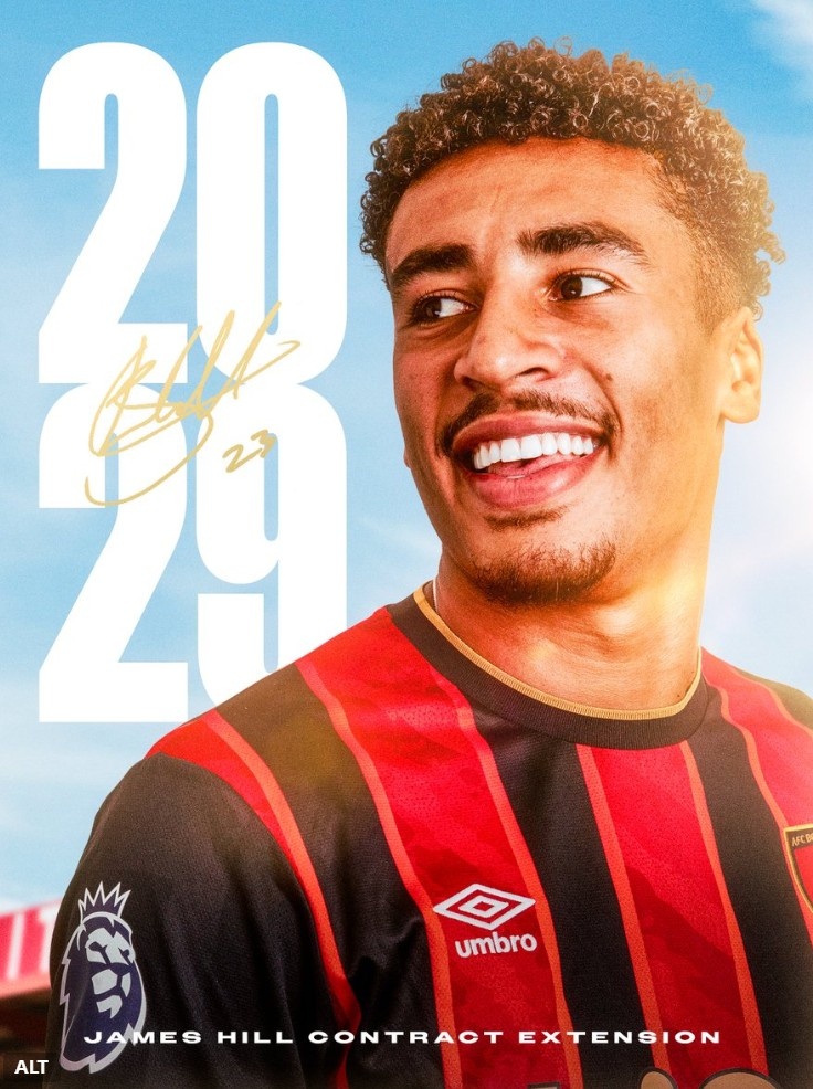 再培養(yǎng)中衛(wèi)！伯恩茅斯官方：續(xù)約23歲詹姆斯-希爾至2029年