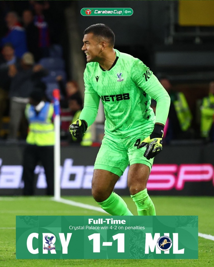 水晶宮聯(lián)賽杯第三輪1-1戰(zhàn)平米爾沃爾，通過點(diǎn)球大戰(zhàn)晉級