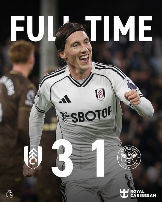 英超富勒姆3-1布倫特福德，伊沃比傳射、哈里-威爾遜破門