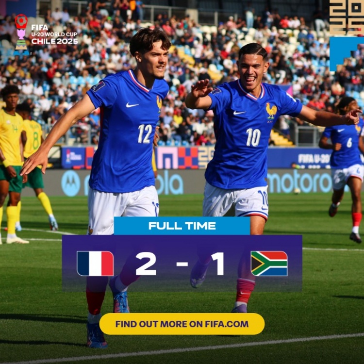 世青賽：法國(guó)U20以2-1勝南非U20取開(kāi)門(mén)紅，貝爾蒙特、米沙爾破門(mén)
